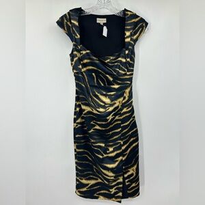 Karen Millen Fitted Sheath Dress Square Neck Gold Black Animal Print Size 4